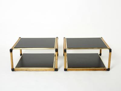 Pair of Italian Alberto Smania bamboo brass black wood side tables 1970s