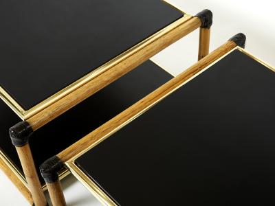 Pair of Italian Alberto Smania bamboo brass black wood side tables 1970s