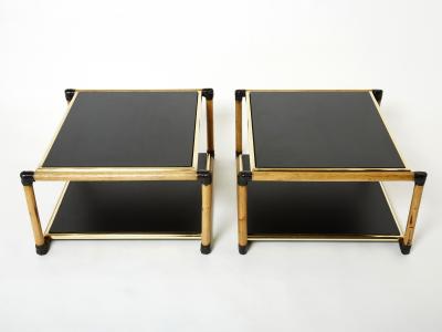 Pair of Italian Alberto Smania bamboo brass black wood side tables 1970s