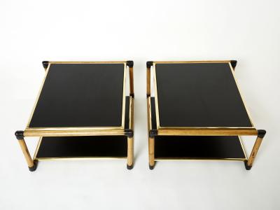 Pair of Italian Alberto Smania bamboo brass black wood side tables 1970s