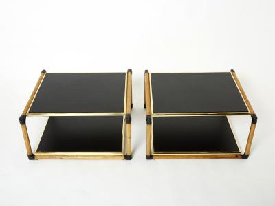 Pair of Italian Alberto Smania bamboo brass black wood side tables 1970s