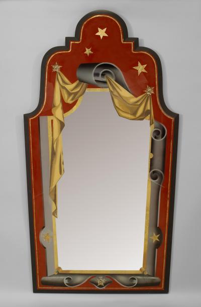 Pair of Italian Art Deco Style Red Gold and Grey Painted Eglomise Wall Mirrors