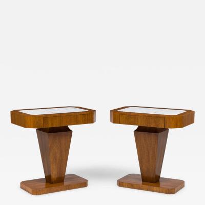 Pair of Italian Art Deco Style Single Drawer Marble Top End Tables