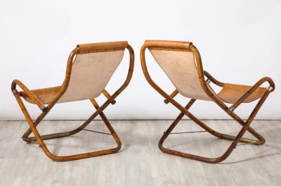 Pair of Italian Bamboo Leather and Brass Campaign Chairs circa 1970