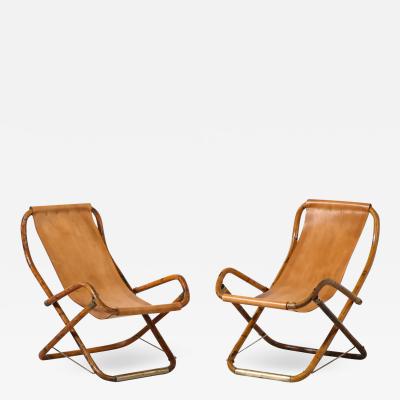 Pair of Italian Bamboo Leather and Brass Campaign Chairs circa 1970