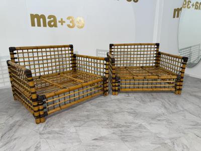 Pair of Italian Bamboo and Rattan Lounge Chairs 1970s