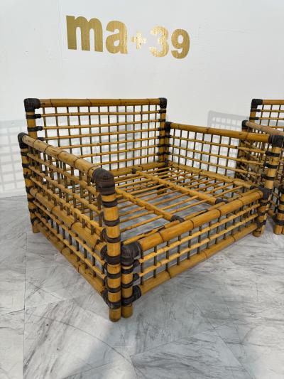 Pair of Italian Bamboo and Rattan Lounge Chairs 1970s