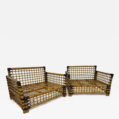 Pair of Italian Bamboo and Rattan Lounge Chairs 1970s