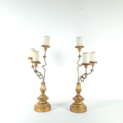 Pair of Italian Baroque Carved Painted and Gilt Candelabras Italy circa 1900