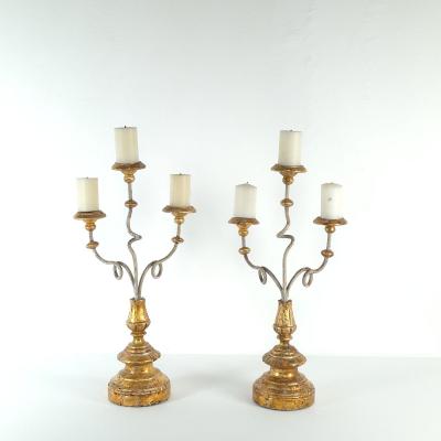 Pair of Italian Baroque Carved Painted and Gilt Candelabras Italy circa 1900