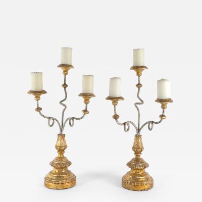 Pair of Italian Baroque Carved Painted and Gilt Candelabras Italy circa 1900