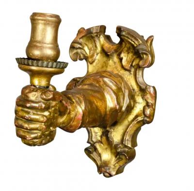 Pair of Italian Baroque Giltwood Arm Form Wall Lights