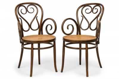 Pair of Italian Bentwood and Caning Scroll Design Armchairs