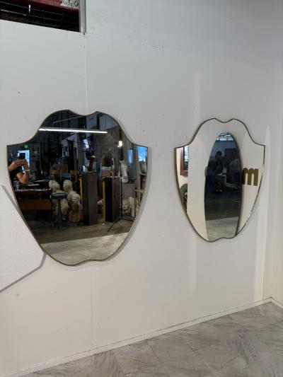 Pair of Italian Brass Framed Shield Form Wall Mirrors 1950s