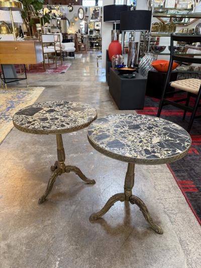 Pair of Italian Brass Pedestal Side Tables with Marble Tops 1970s