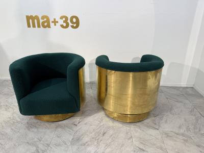 Pair of Italian Brass and Turquoise Boucl Armchairs 1970s