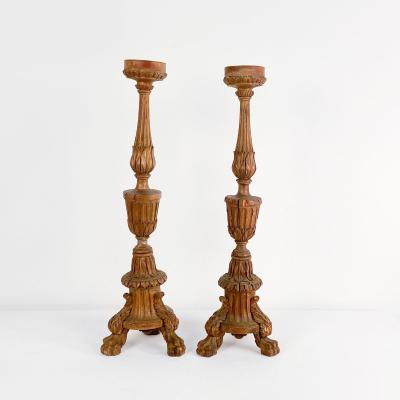 Pair of Italian Candlesticks Carved Wood with Gilding circa 1880