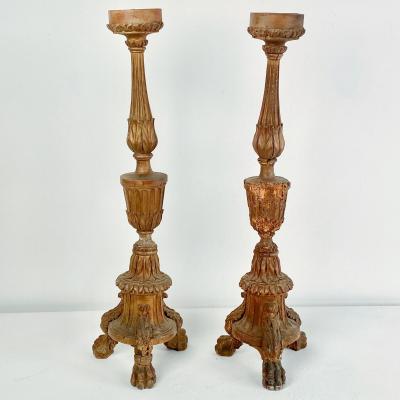 Pair of Italian Candlesticks Carved Wood with Gilding circa 1880