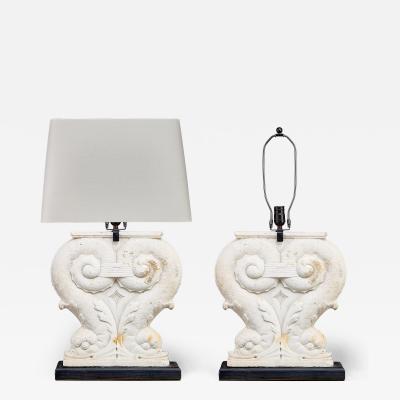 Pair of Italian Carved Marble Dolphin Lamps on Ebonized Bases