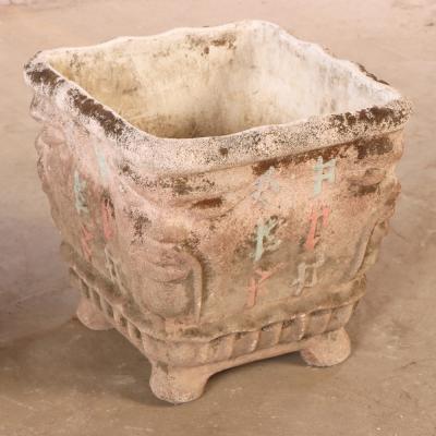 Pair of Italian Cast Stone Planters with Face Motifs