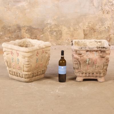 Pair of Italian Cast Stone Planters with Face Motifs