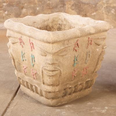 Pair of Italian Cast Stone Planters with Face Motifs