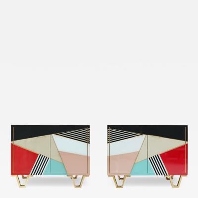 Pair of Italian Colored Glass Sideboards with Solid Wood Structure 1950s