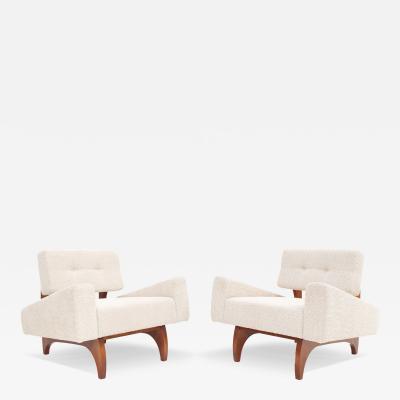 Pair of Italian Contemporary Walnut Armchairs with White Boucl Upholstery