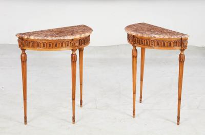 Pair of Italian Demilune Marble Top Consoles