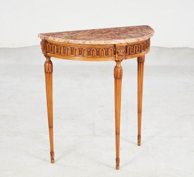 Pair of Italian Demilune Marble Top Consoles