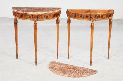 Pair of Italian Demilune Marble Top Consoles