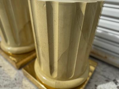 Pair of Italian Faux Goatskin and Brass Roman Column End Tables