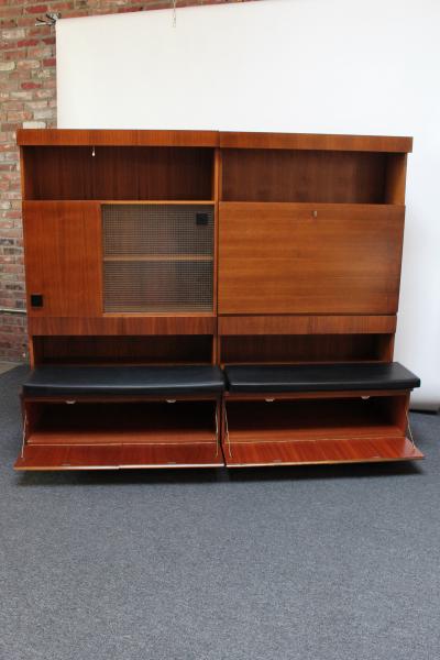Pair of Italian Free Standing Wall Units in Walnut on Ebonized Plinth Bases