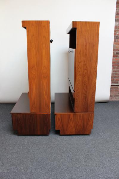 Pair of Italian Free Standing Wall Units in Walnut on Ebonized Plinth Bases