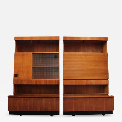 Pair of Italian Free Standing Wall Units in Walnut on Ebonized Plinth Bases
