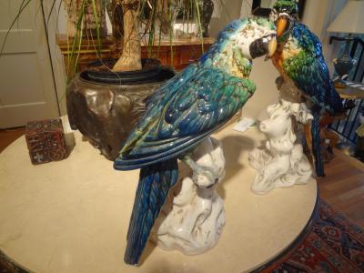 Pair of Italian Glazed Terracotta Parrot Statues