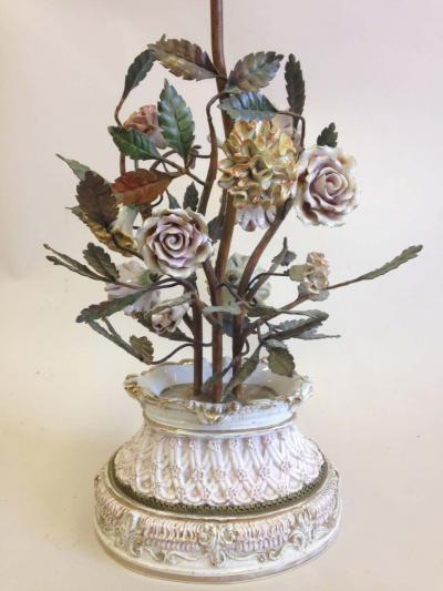 Pair of Italian Hand Made Floral Table Lamps by Capodimonte Italy 1950