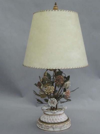Pair of Italian Hand Made Floral Table Lamps by Capodimonte Italy 1950