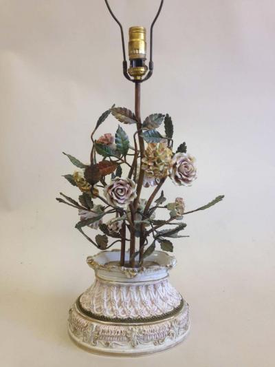 Pair of Italian Hand Made Floral Table Lamps by Capodimonte Italy 1950