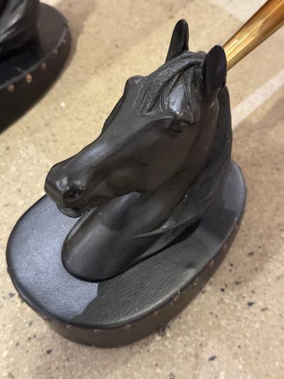 Pair of Italian Horse Head Sconces with Leather Shades 1970s