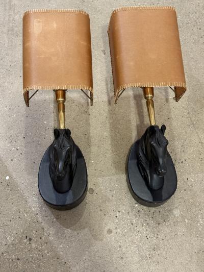 Pair of Italian Horse Head Sconces with Leather Shades 1970s