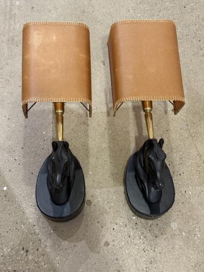 Pair of Italian Horse Head Sconces with Leather Shades 1970s