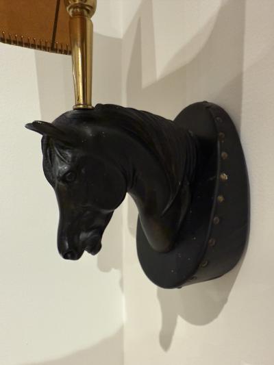 Pair of Italian Horse Head Sconces with Leather Shades 1970s