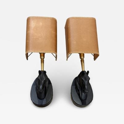 Pair of Italian Horse Head Sconces with Leather Shades 1970s