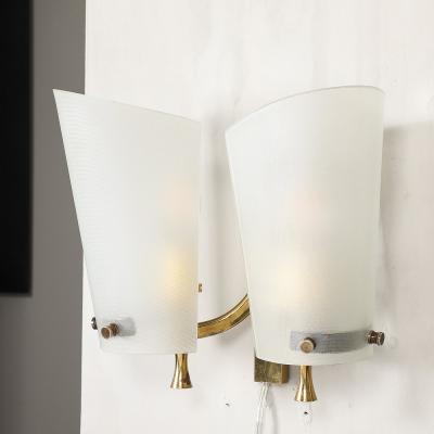 Pair of Italian Mid Century Double Shaded Textured Glass Brass Wall Sconces