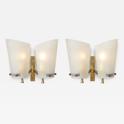 Pair of Italian Mid Century Double Shaded Textured Glass Brass Wall Sconces