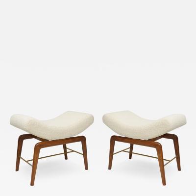 Pair of Italian Mid Century Mahogany Benches upholstered in Boucle Fabric