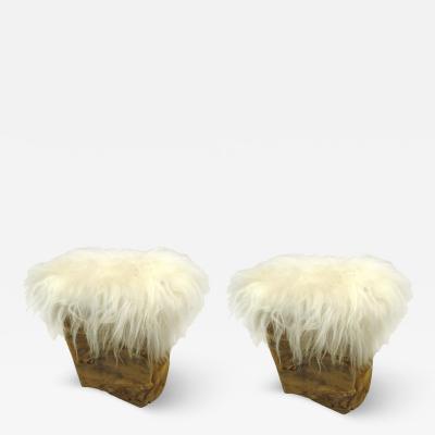 Pair of Italian Mid Century Modern Carved Olive Wood Goatskin Benches Stools