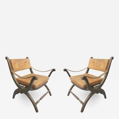 Pair of Italian Mid Century Modern Neoclassical Leather Armchairs Lounge Chairs