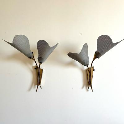 Pair of Italian Mid Century Modern Sculptural Flower Sconces Brass 1940s